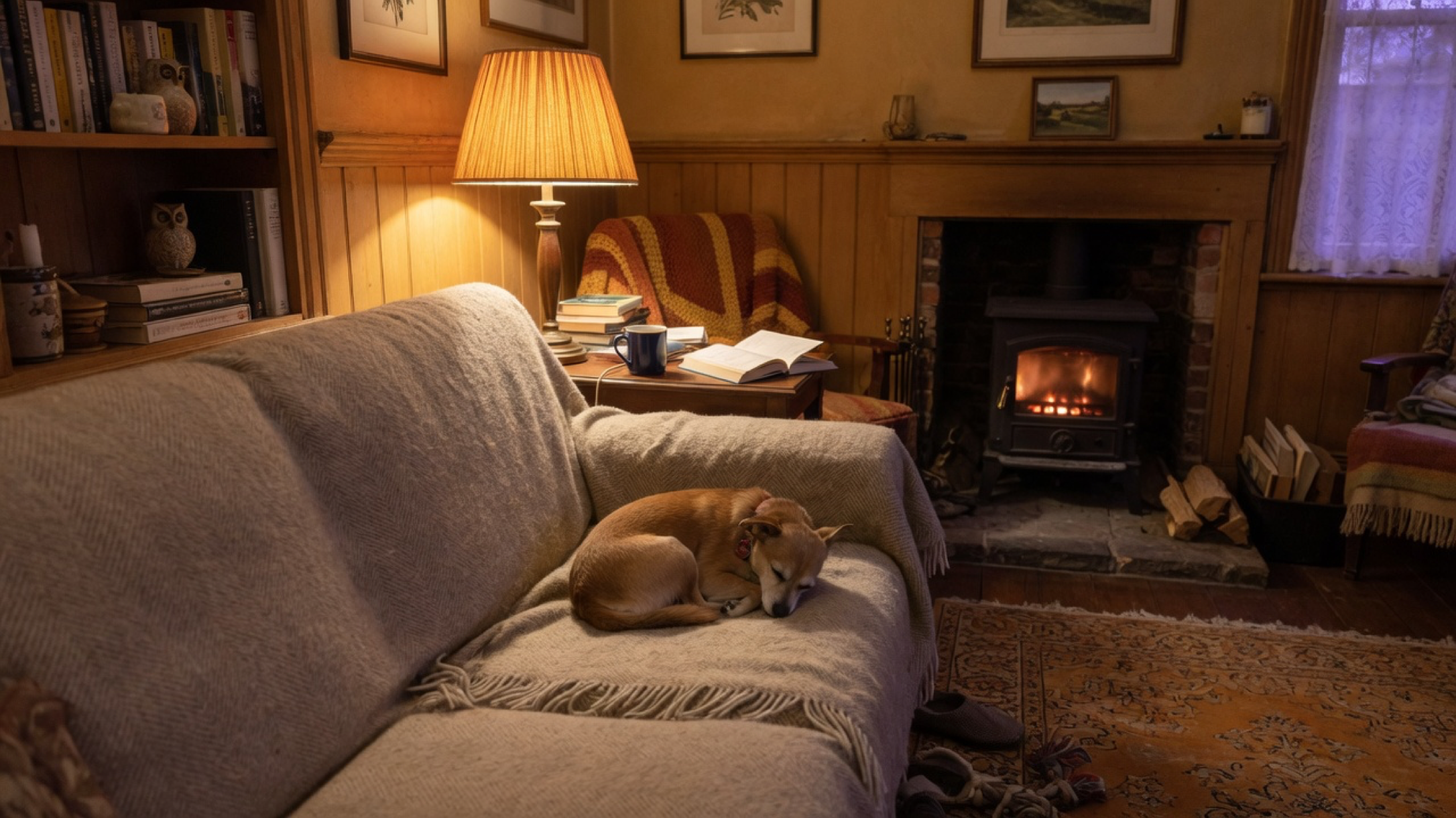 A small dog sleeping on a sofa in a lamp-lit sitting room, an imagined scene.