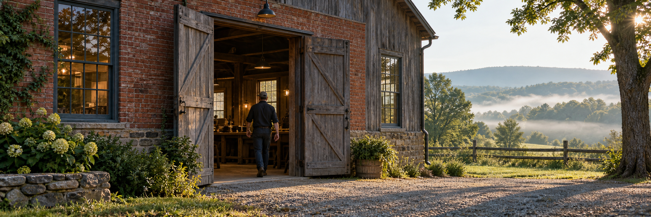 A craftsperson enters an imagined rural workshop in the morning light.