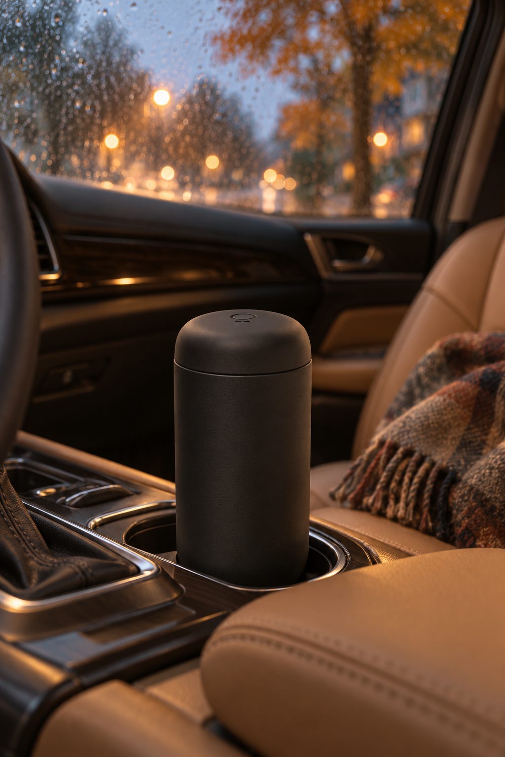 A matte black Fellow Carter Move mug in a car cup holder, rain on the windshield at dawn.