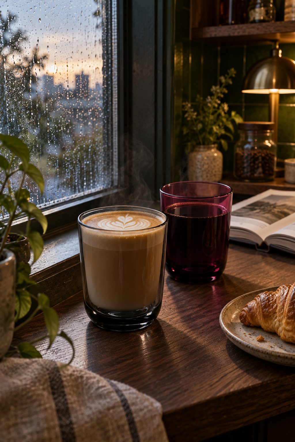 Two tinted Fellow Pirch glasses, one with a latte, one garnet with black coffee, on a window ledge in the rain.