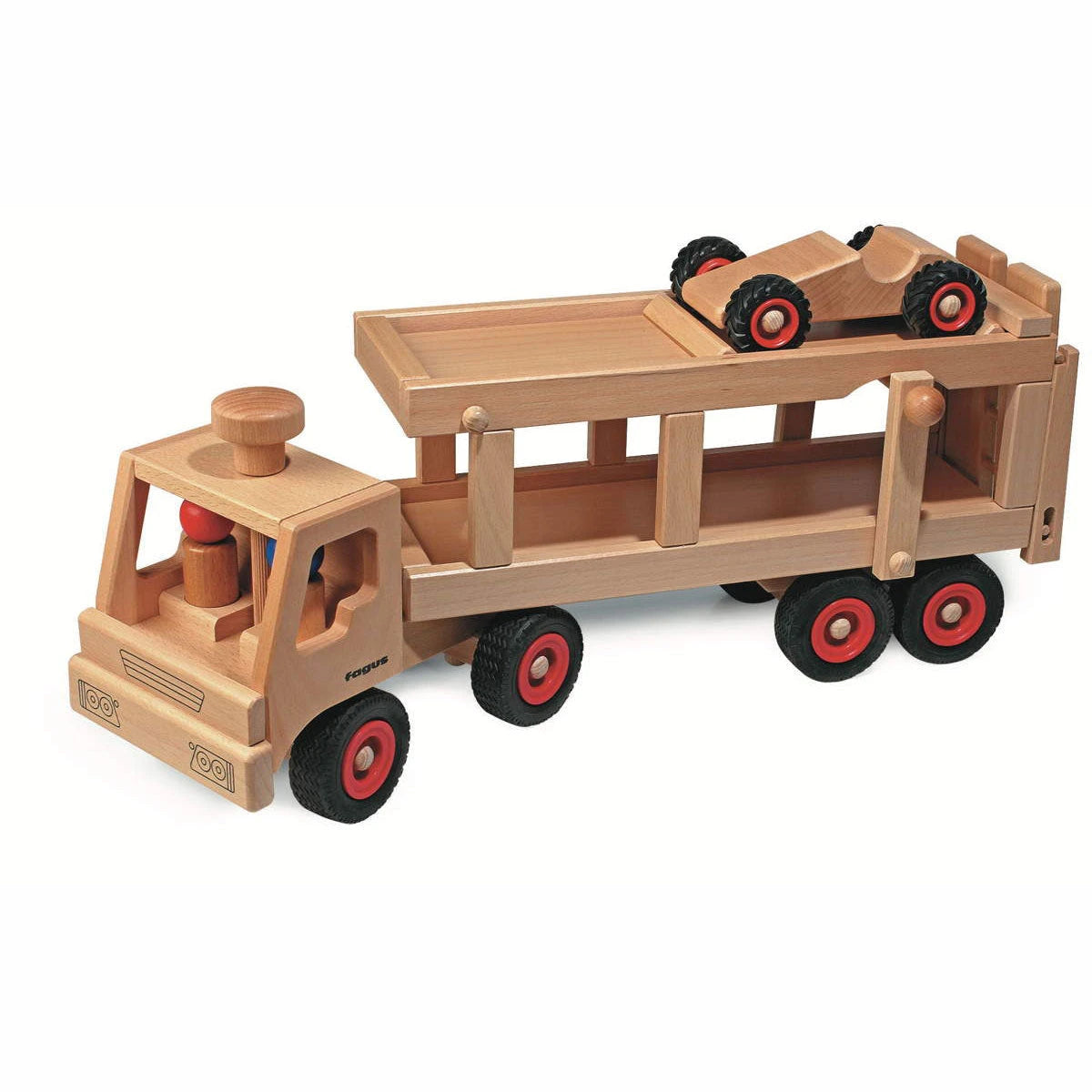 Fagus beech wood Car Transporter with its folding ramp, included Speedy car and two peg figures
