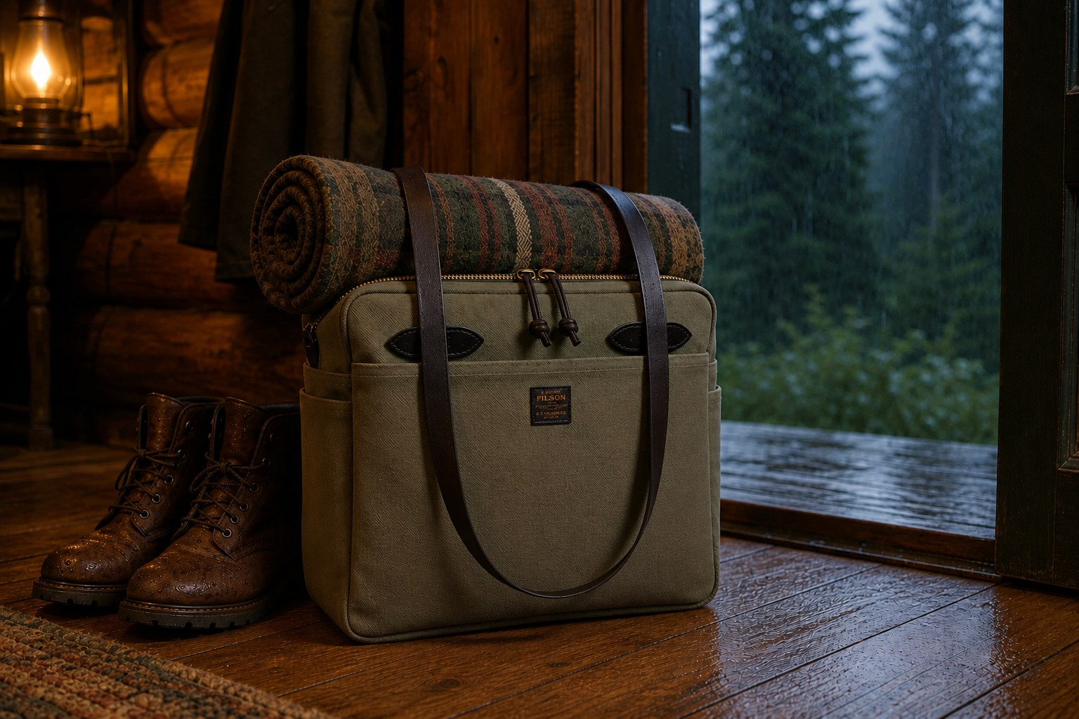 The Otter Green tote set down inside a cabin doorway, rain falling outside