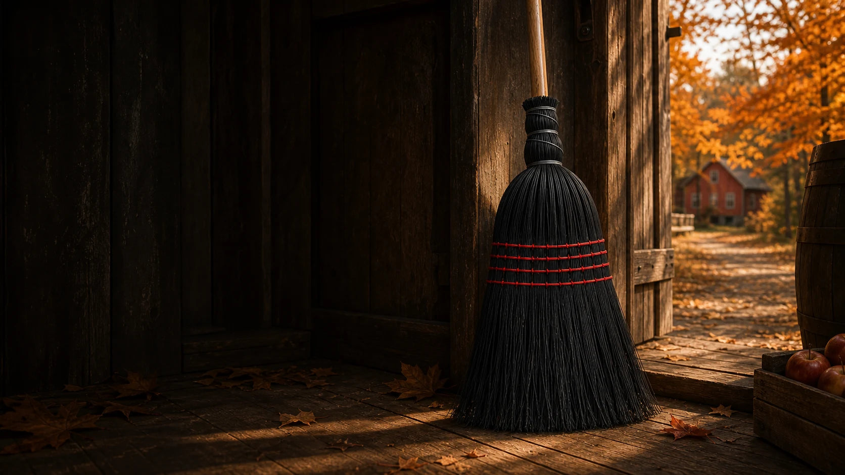 The black Cinder Broom standing in a timber entryway lit by autumn sun