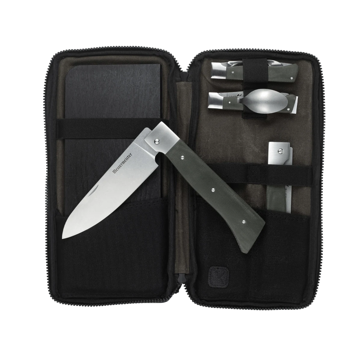 Messermeister Adventure Chef Linen Summit six-piece set in its open canvas case