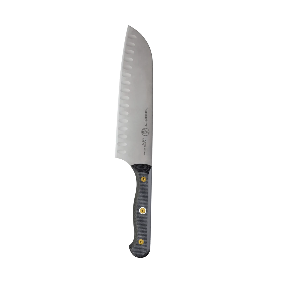 Messermeister Custom 7 inch Kullens Santoku with a black linen Micarta handle