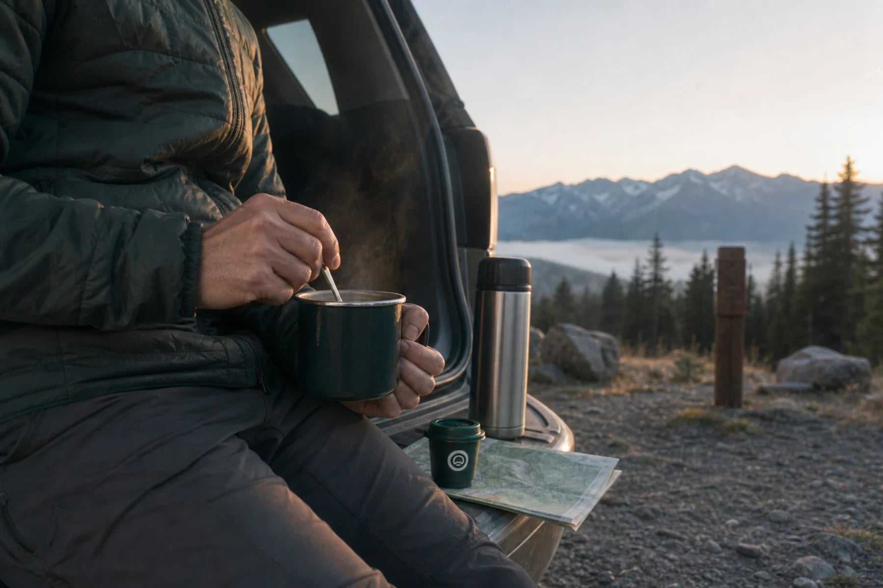 Hiker stirring coffee at a mountain trailhead with a Mezza single serving nearby