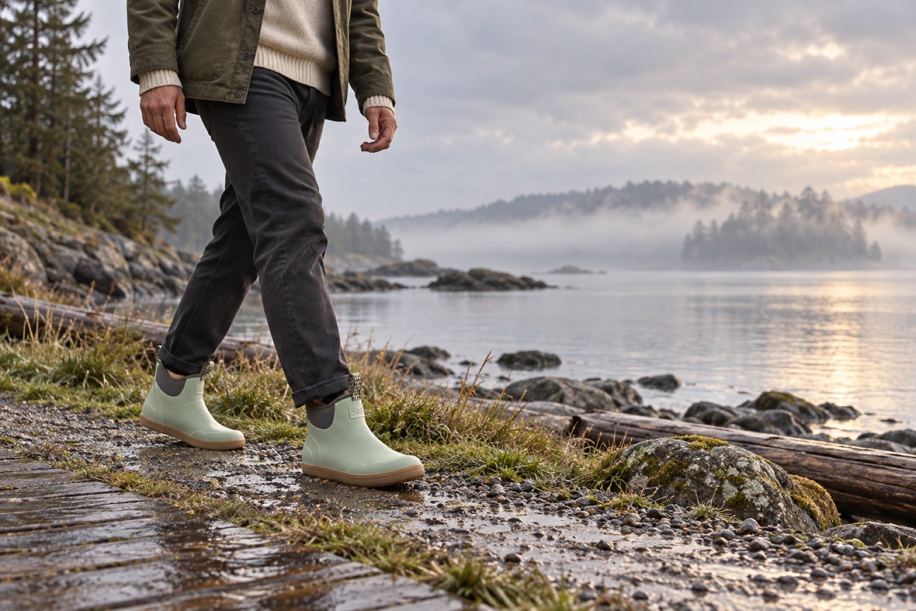 Field Sage deck boots worn on a damp shoreline walk after rain