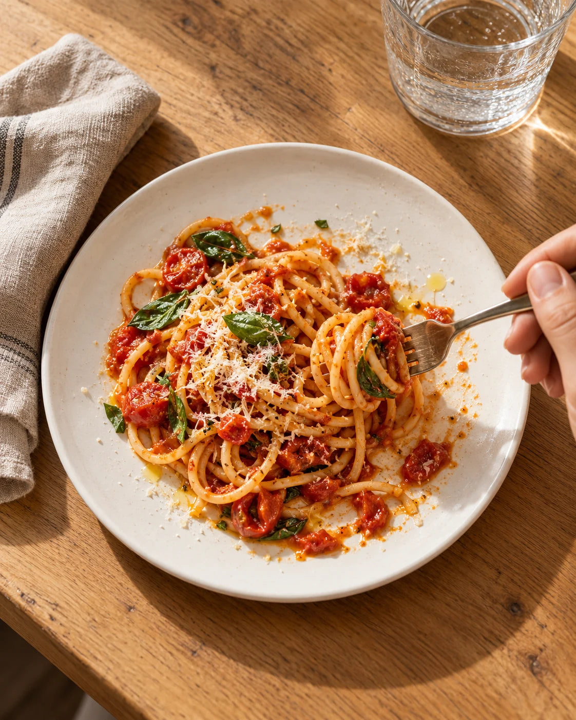 Tomato pasta served on a speckled white Fable dinner plate