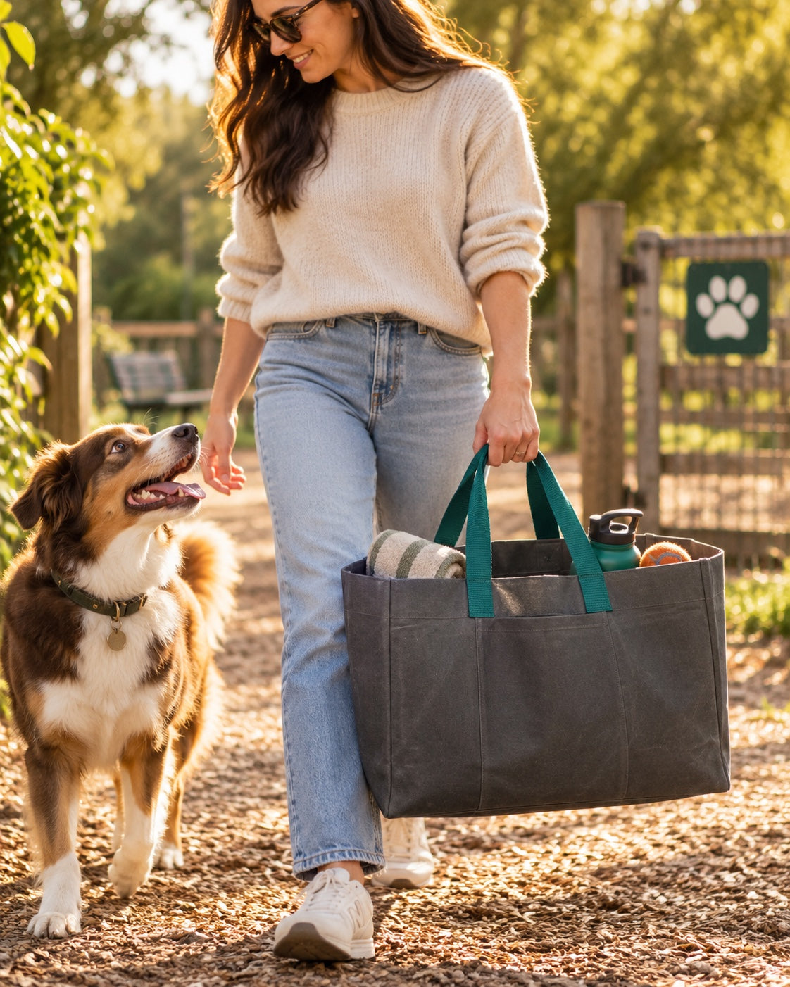 Woman carrying the Slate and Evergreen tote at a dog park