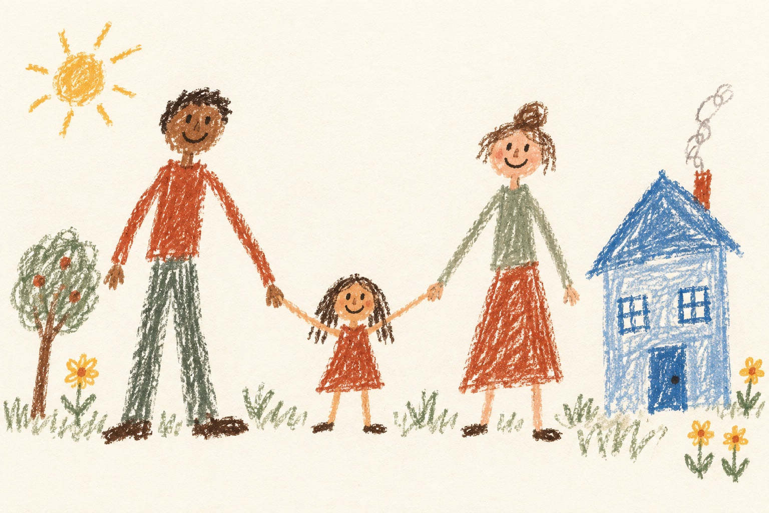 Childlike crayon illustration of a child holding hands with two grown-ups beside a blue house