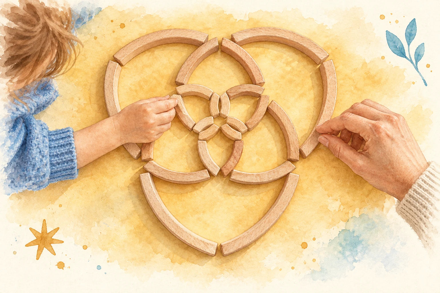 Watercolor illustration of adult and child hands discovering a flower pattern with Golden Ratio Mini blocks