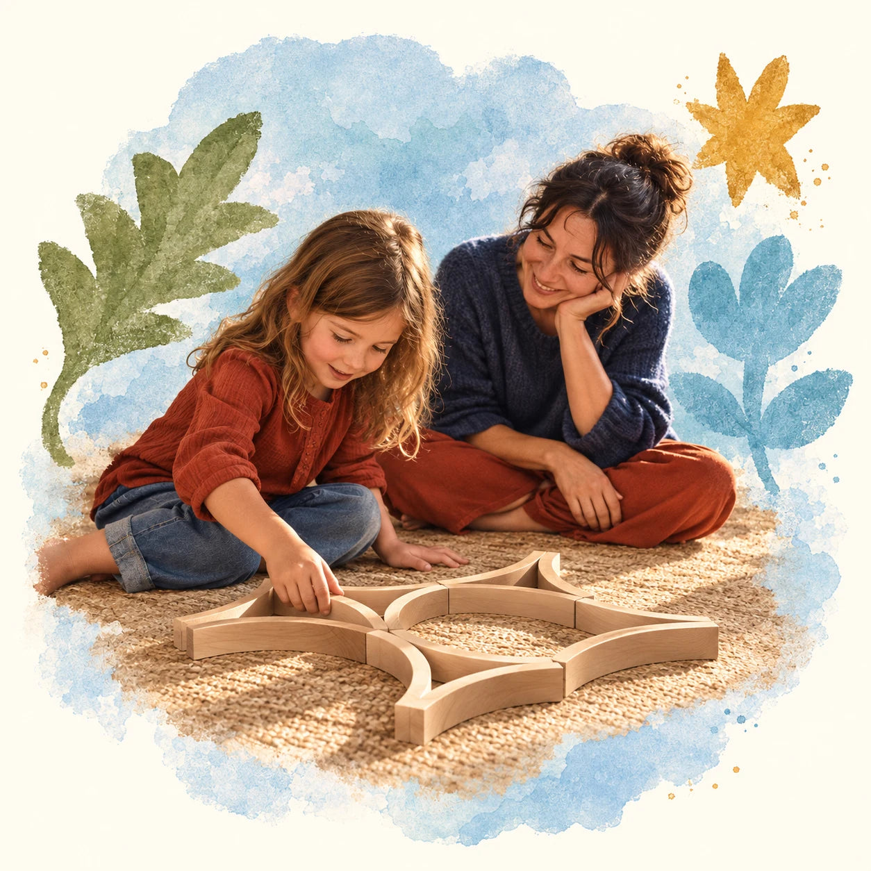 A mother and child sharing an afternoon building with curved Abel wooden blocks