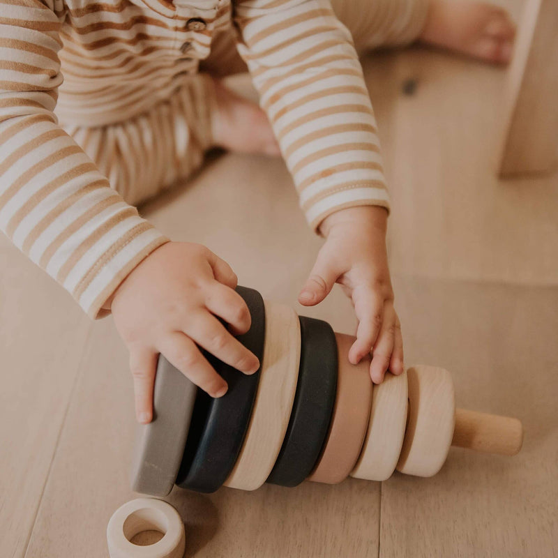 Wooden Ring Stacker | Muted Earthy Colors | 4.9" x 4.9" x 8.1"