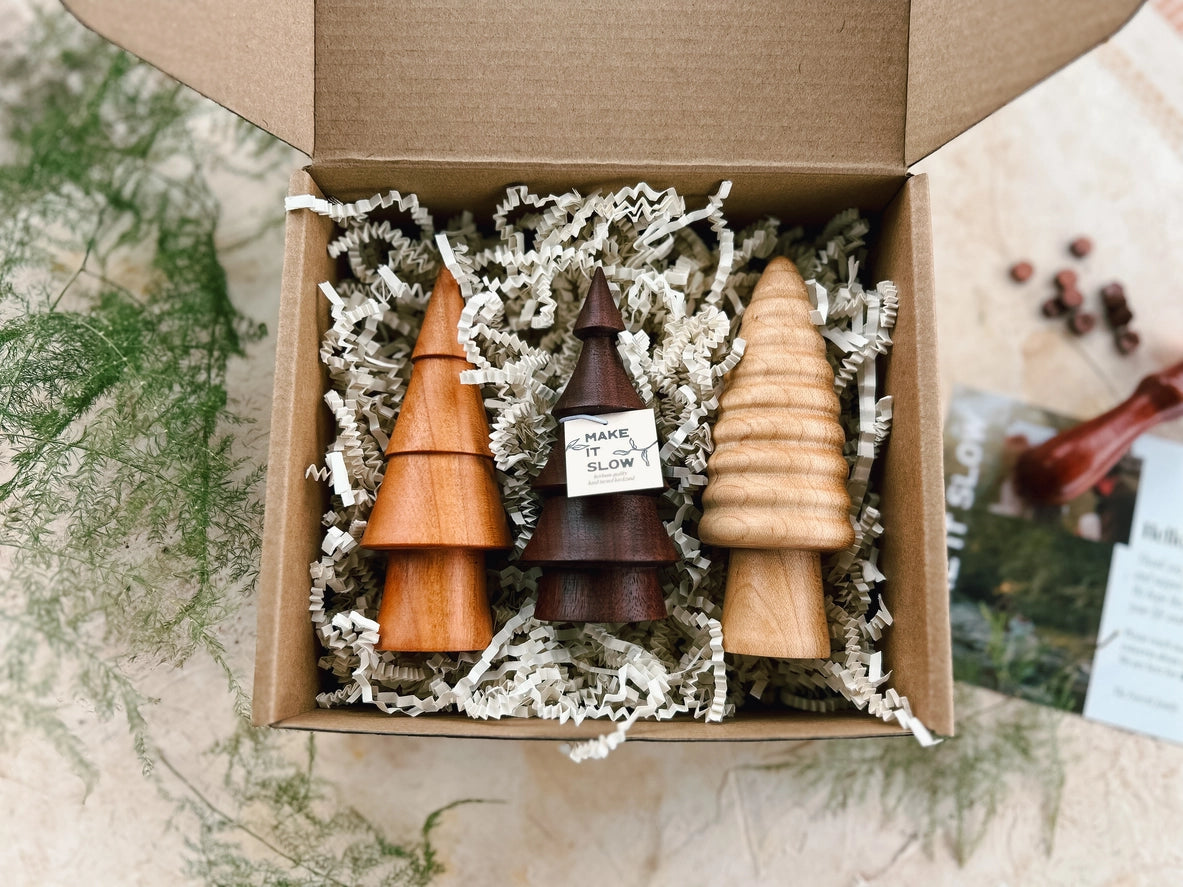 Hand-Turned Mini Woodland Forest Tree Set - Christmas Winter