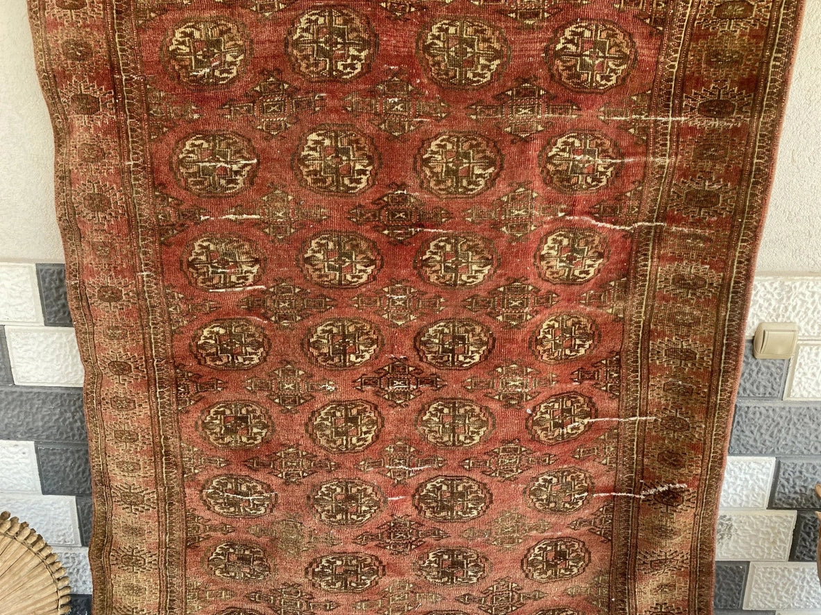 Vintage Hand-Knotted Turkoman Bukhara Farmhouse Wool Rug 4x7