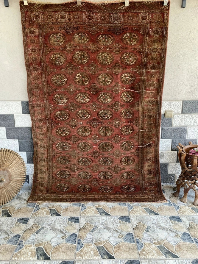 Vintage Hand-Knotted Turkoman Bukhara Farmhouse Wool Rug 4x7