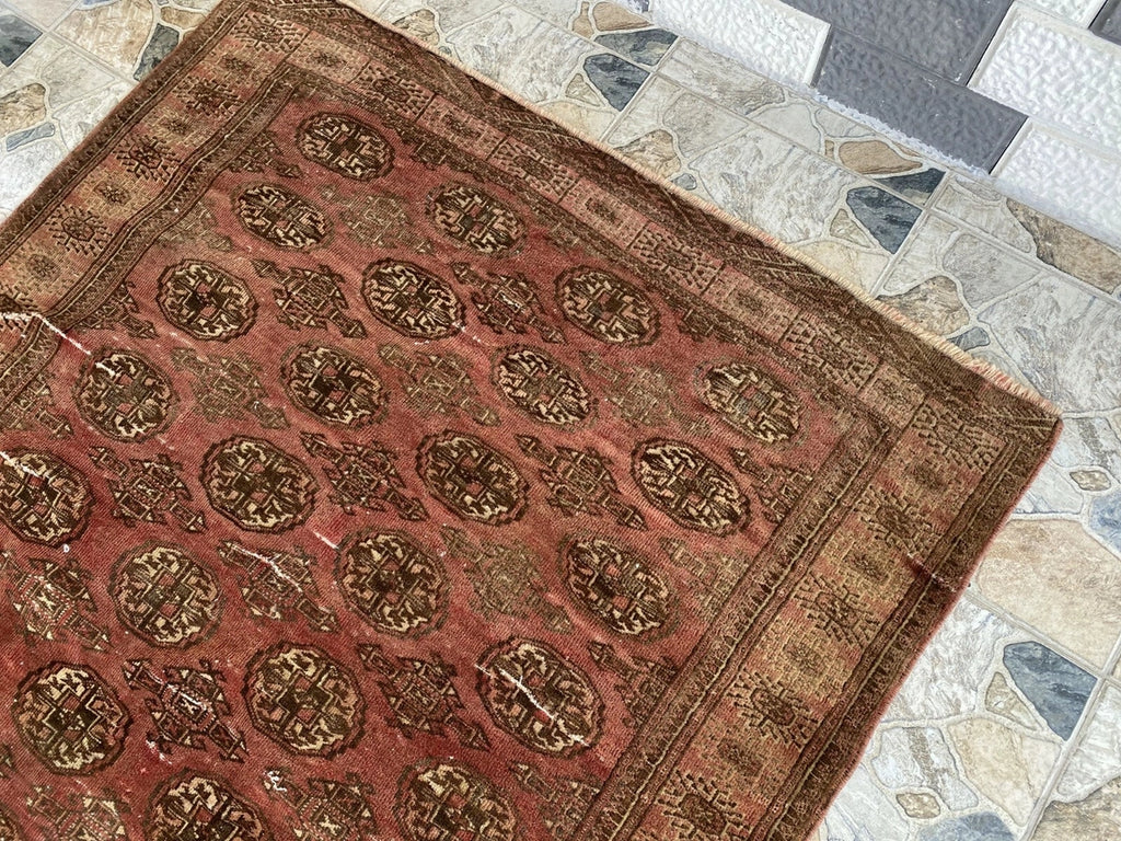 Vintage Hand-Knotted Turkoman Bukhara Farmhouse Wool Rug 4x7