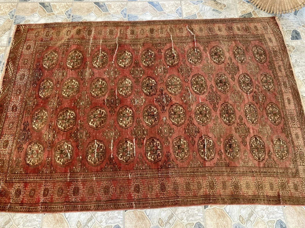 Vintage Hand-Knotted Turkoman Bukhara Farmhouse Wool Rug 4x7