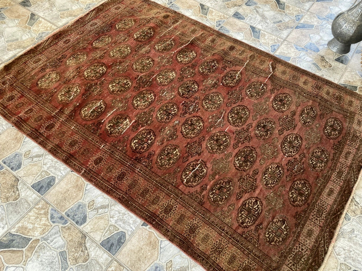 Vintage Hand-Knotted Turkoman Bukhara Farmhouse Wool Rug 4x7