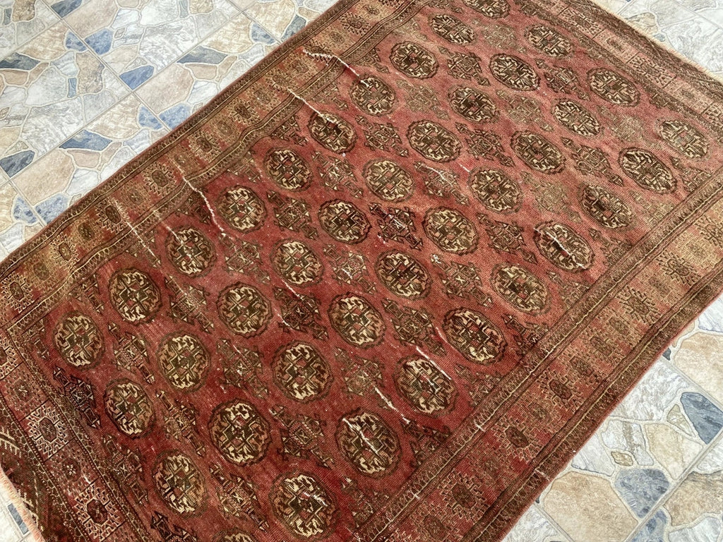Vintage Hand-Knotted Turkoman Bukhara Farmhouse Wool Rug 4x7