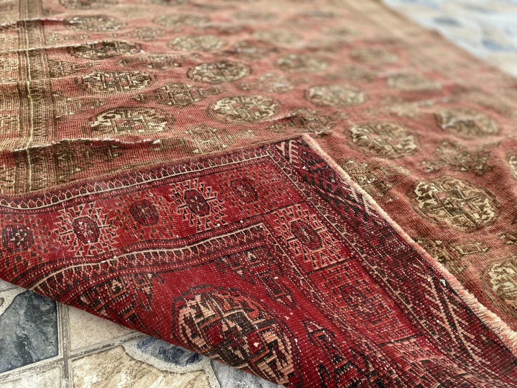 Vintage Hand-Knotted Turkoman Bukhara Farmhouse Wool Rug 4x7