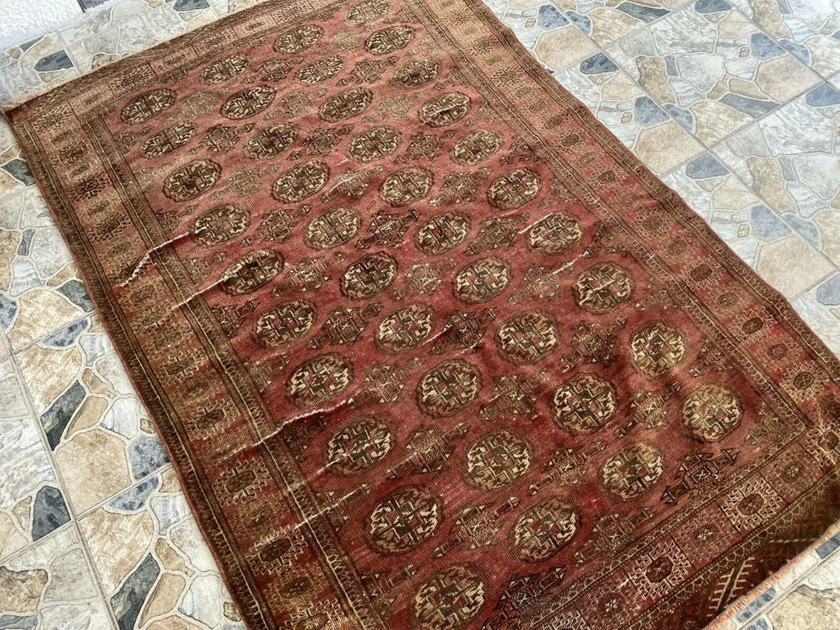 Vintage Hand-Knotted Turkoman Bukhara Farmhouse Wool Rug 4x7