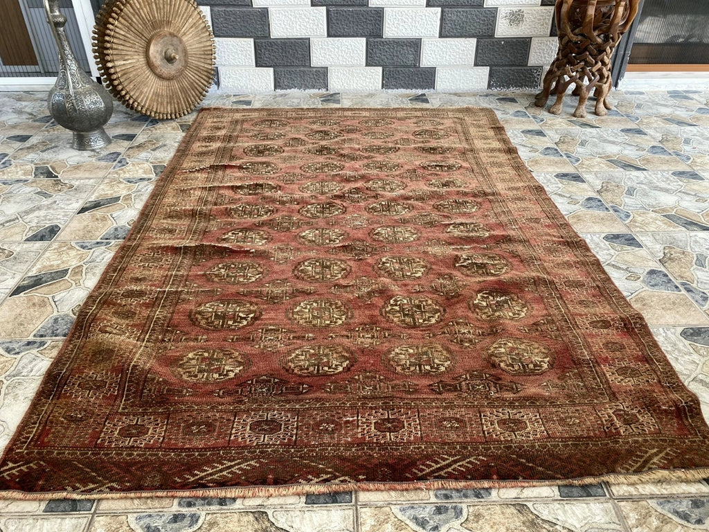 Vintage Hand-Knotted Turkoman Bukhara Farmhouse Wool Rug 4x7