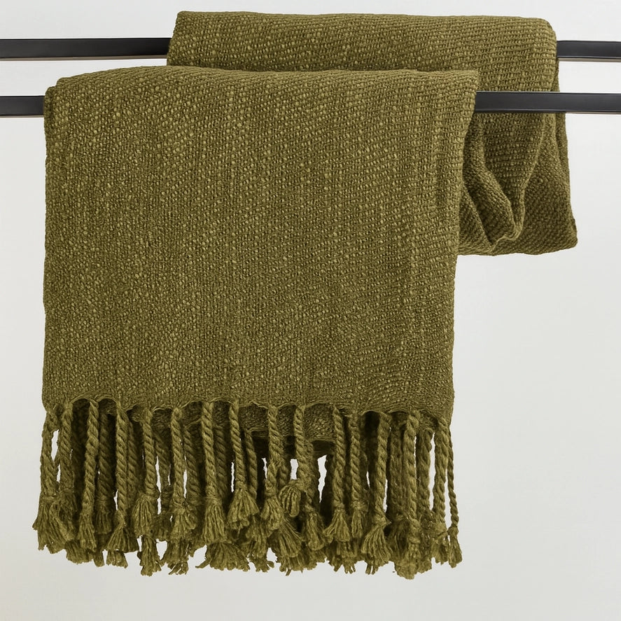 Olive Green Classic Woven Fringed Throw Blanket