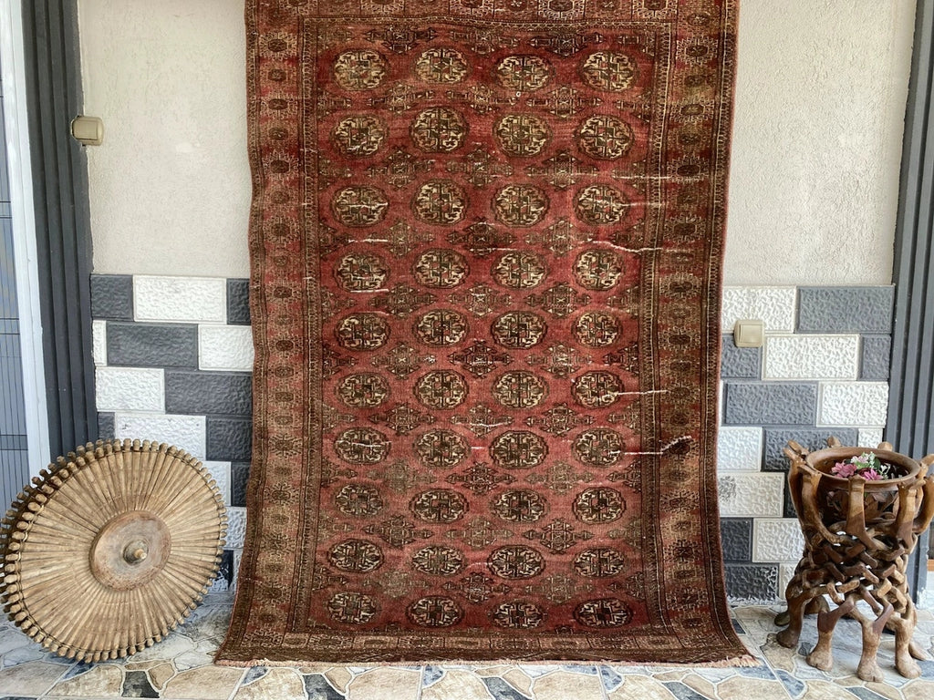 Vintage Hand-Knotted Turkoman Bukhara Farmhouse Wool Rug 4x7