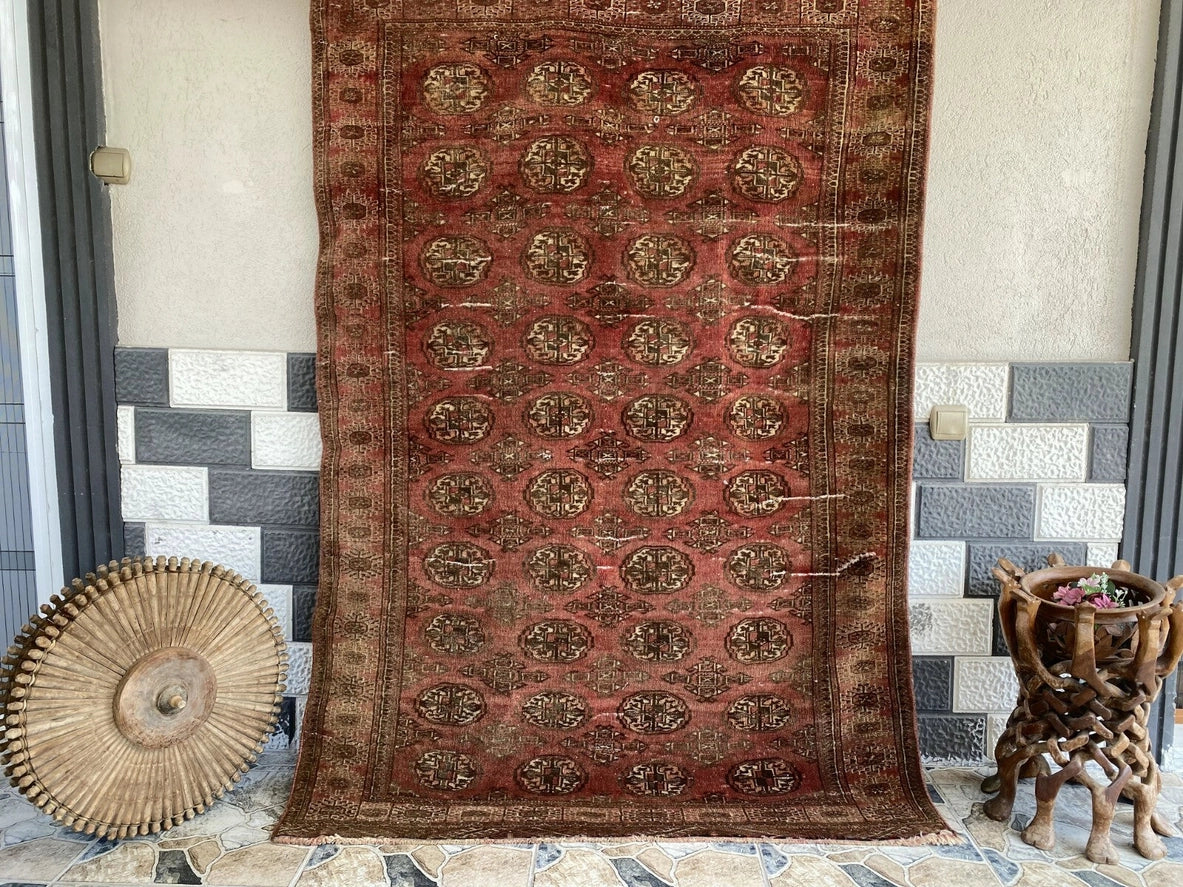 Vintage Hand-Knotted Turkoman Bukhara Farmhouse Wool Rug 4x7
