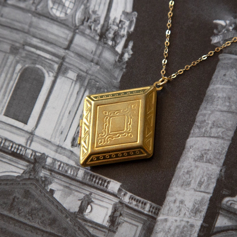 Deadstock Brass Diamond Locket Necklace | 18" Gold Vermeil Chain