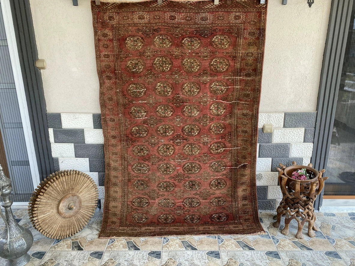 Vintage Hand-Knotted Turkoman Bukhara Farmhouse Wool Rug 4x7