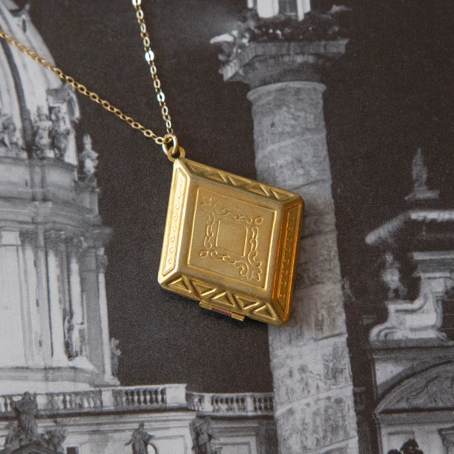 Vintage Large Brass Diamond Locket Necklace