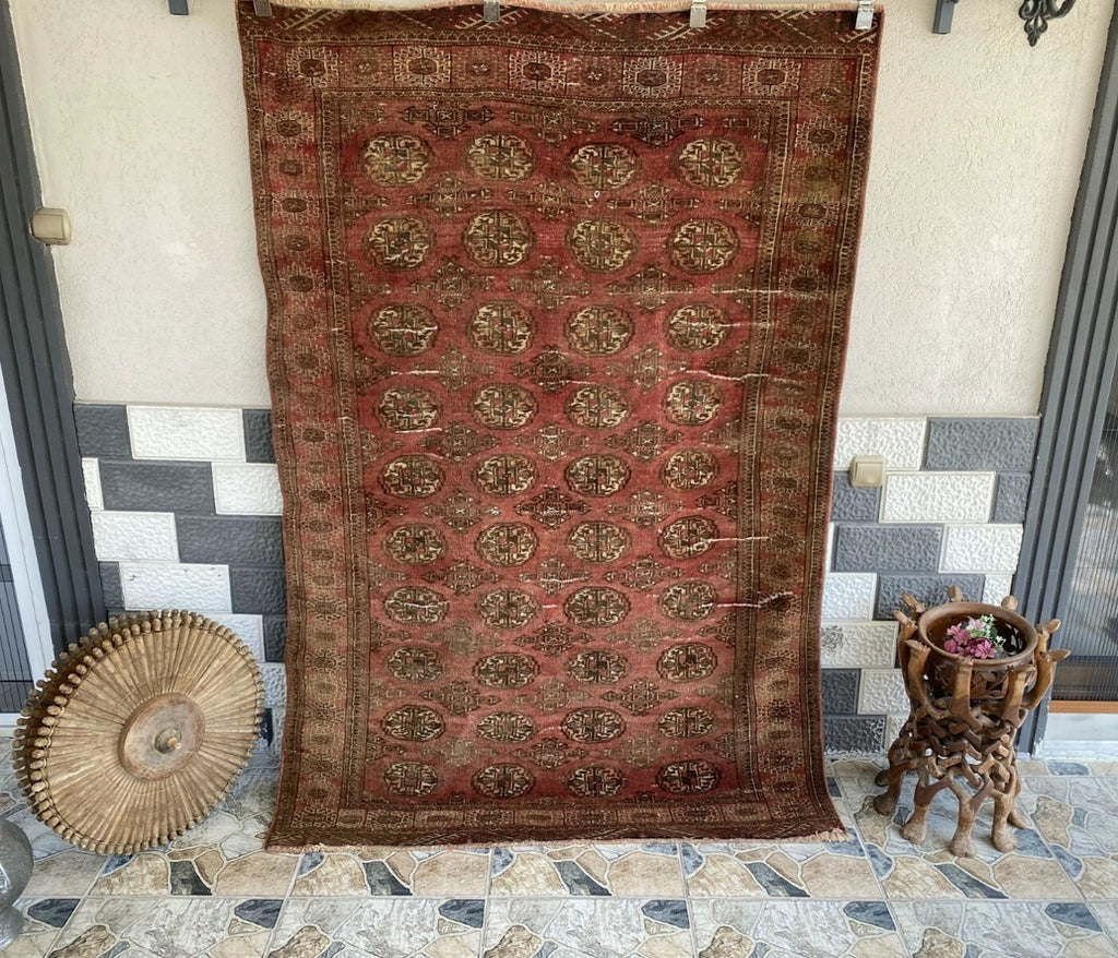 Vintage Hand-Knotted Turkoman Bukhara Farmhouse Wool Rug 4x7
