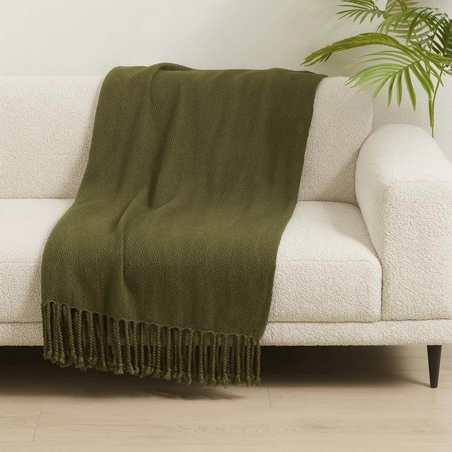 Olive Green Classic Woven Fringed Throw Blanket