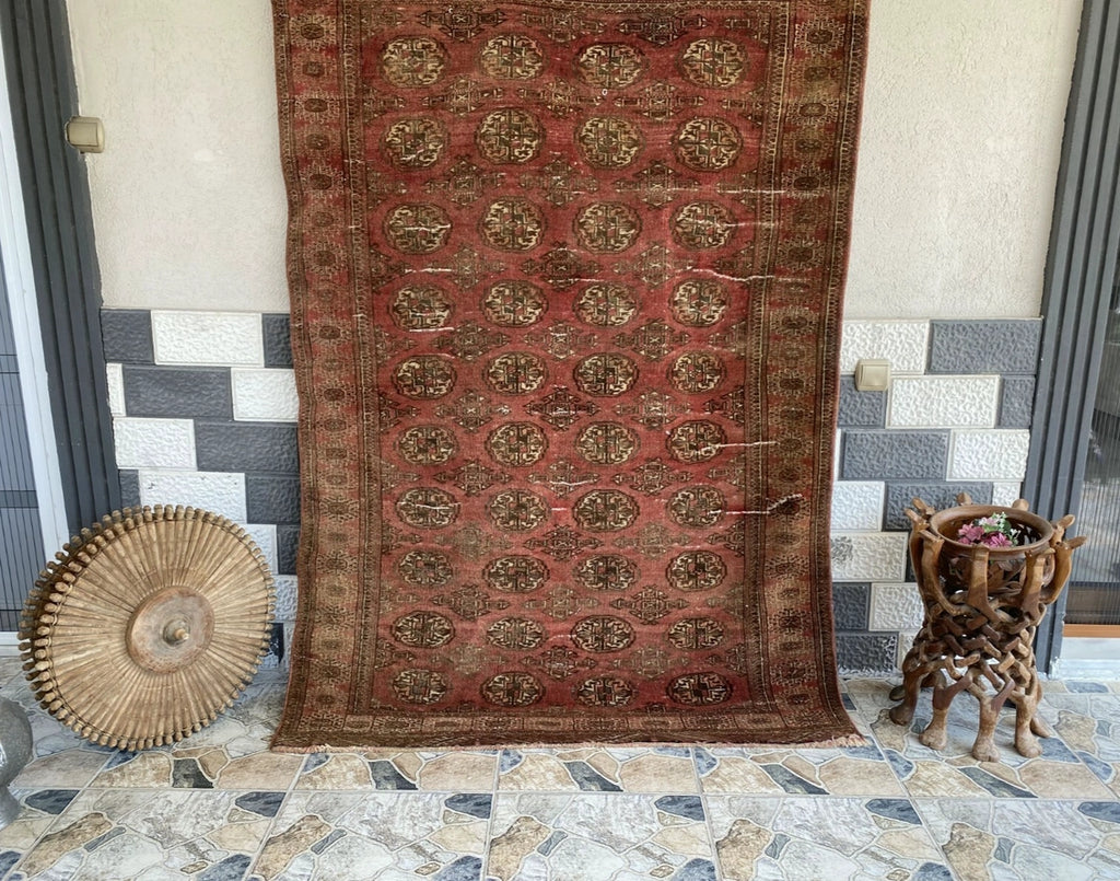 Vintage Hand-Knotted Turkoman Bukhara Farmhouse Wool Rug 4x7