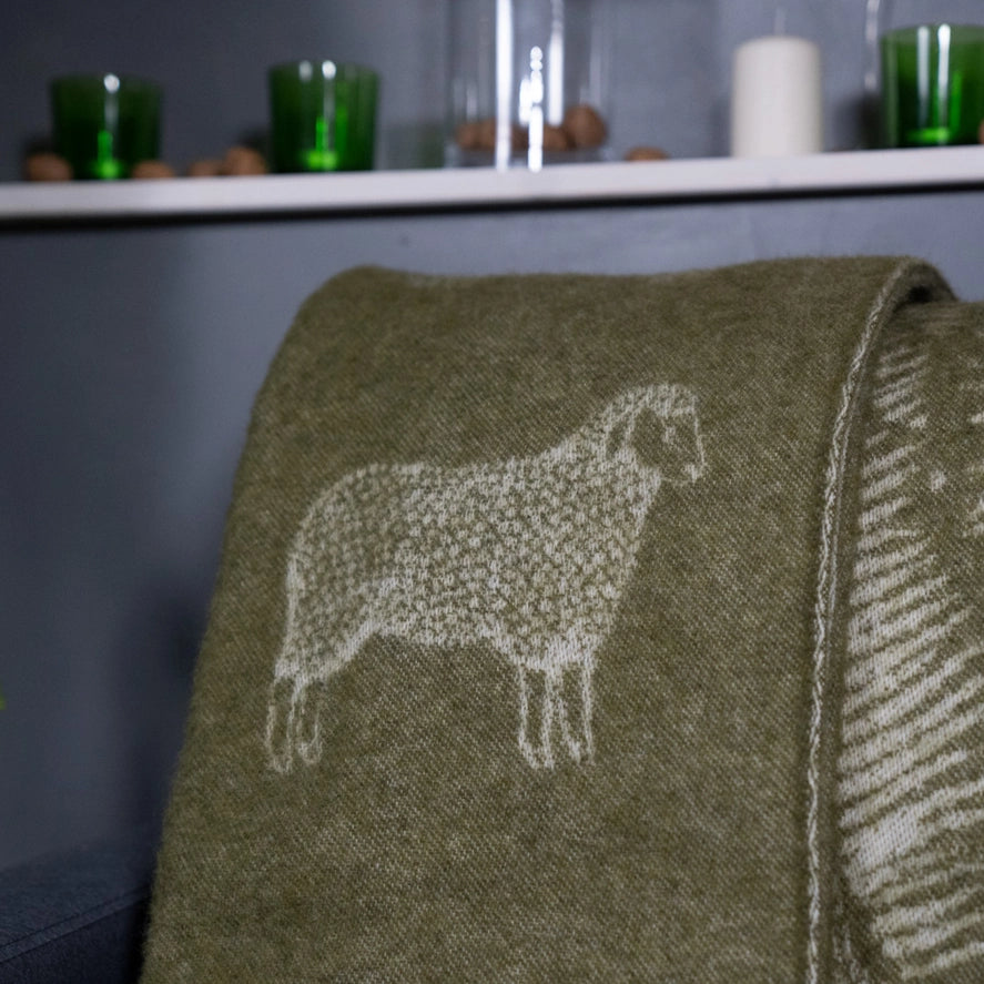 Sheep Mossy Green Pure Wool Throw