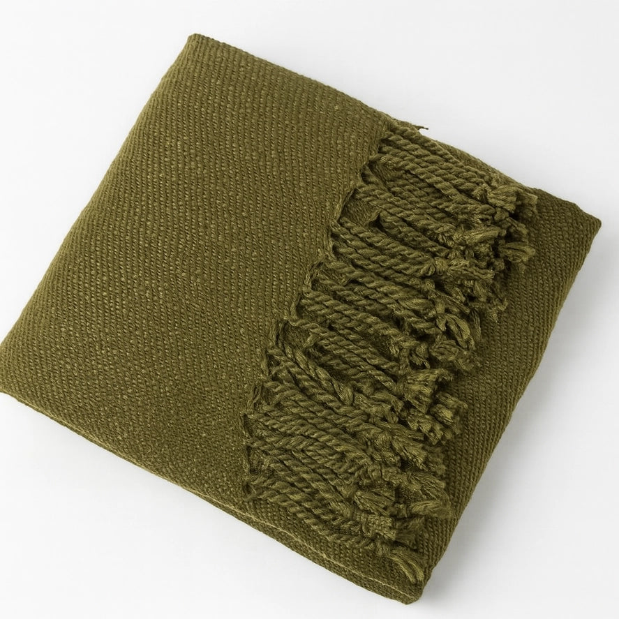 Olive Green Classic Woven Fringed Throw Blanket