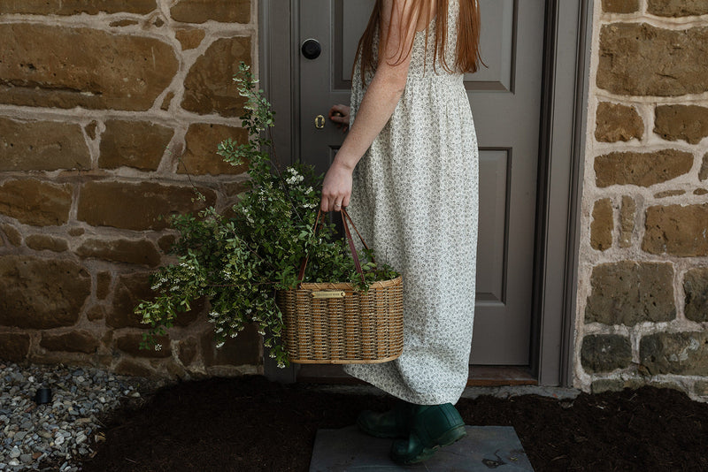 Handwoven Amish Reed Basket | Full Grain Leather Handles | 12.5" x 8" x 8"