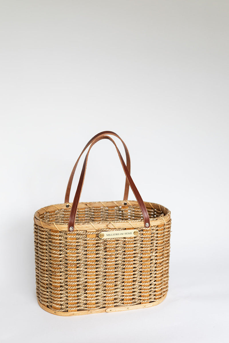 Handwoven Amish Reed Basket | Full Grain Leather Handles | 12.5" x 8" x 8"