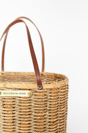 Handwoven Amish Reed Basket | Full Grain Leather Handles | 12.5" x 8" x 8"