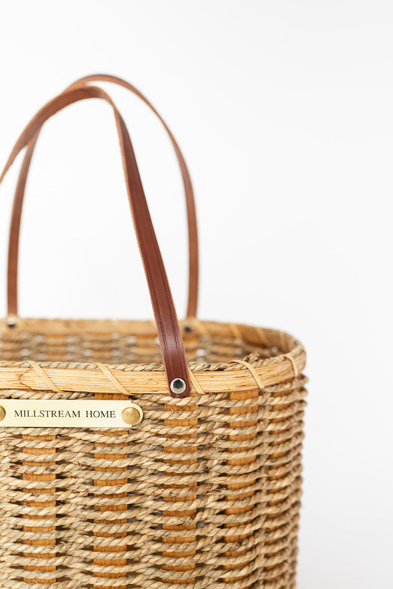 Handwoven Amish Reed Basket | Full Grain Leather Handles | 12.5" x 8" x 8"