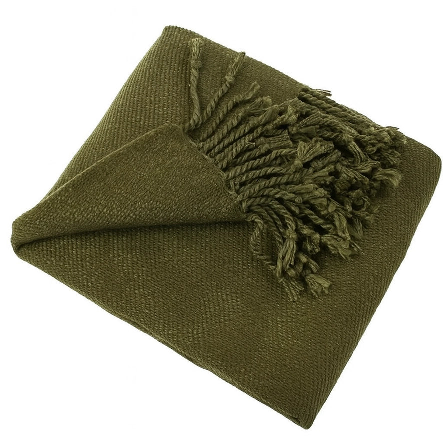 Olive Green Classic Woven Fringed Throw Blanket