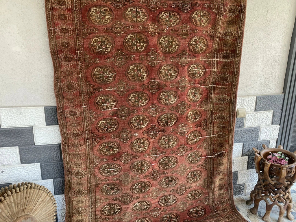 Vintage Hand-Knotted Turkoman Bukhara Farmhouse Wool Rug 4x7