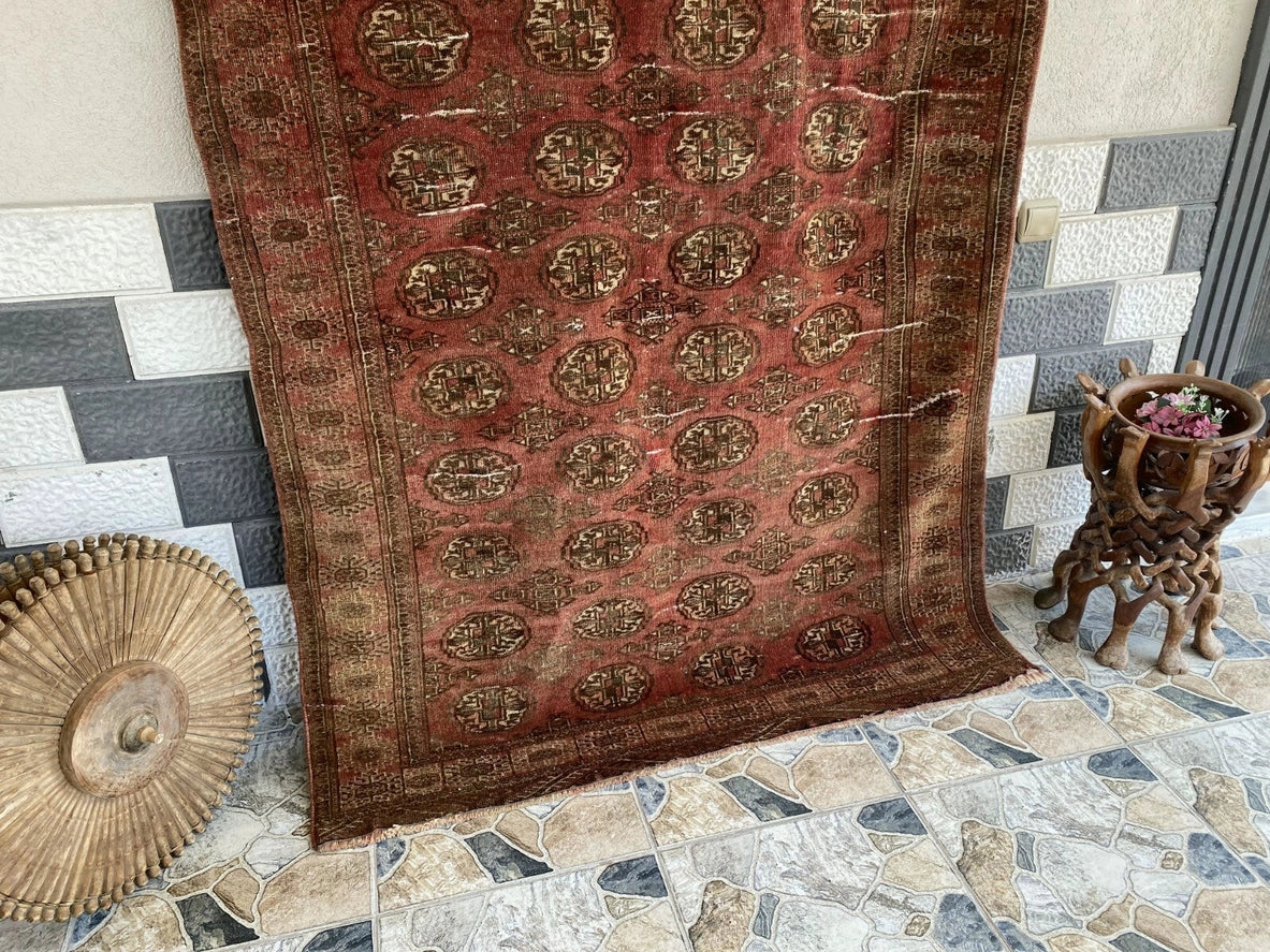 Vintage Hand-Knotted Turkoman Bukhara Farmhouse Wool Rug 4x7