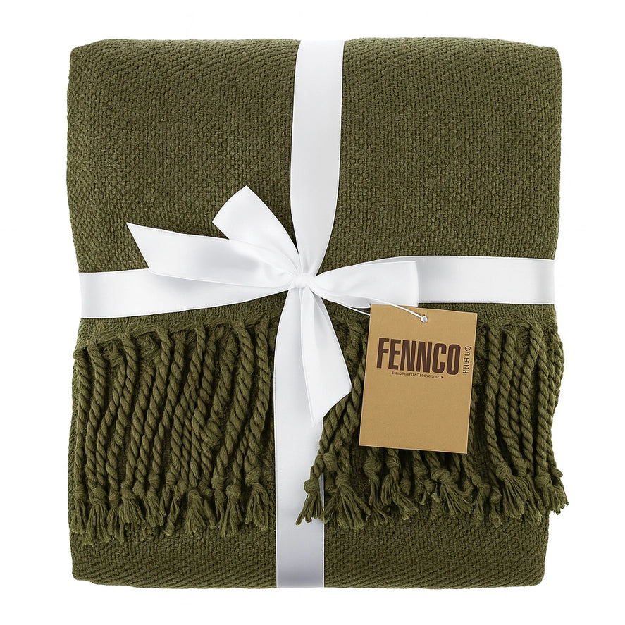 Olive Green Classic Woven Fringed Throw Blanket