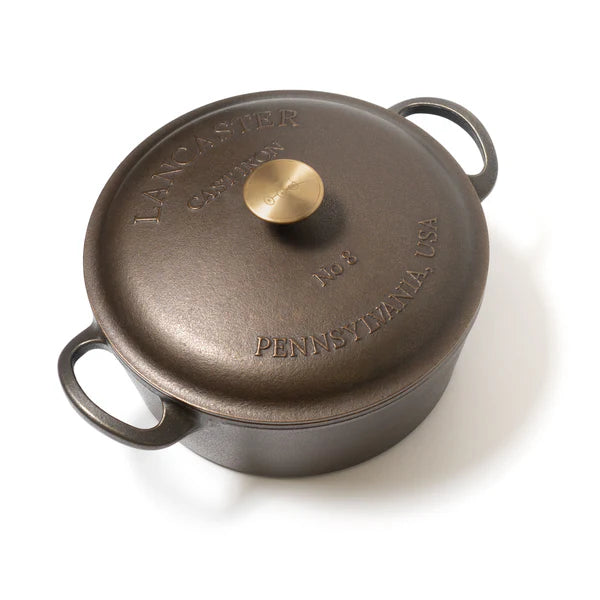 Lancaster Cast Iron 5-Quart Dutch Oven — smooth surface, brass knob, made in the USA