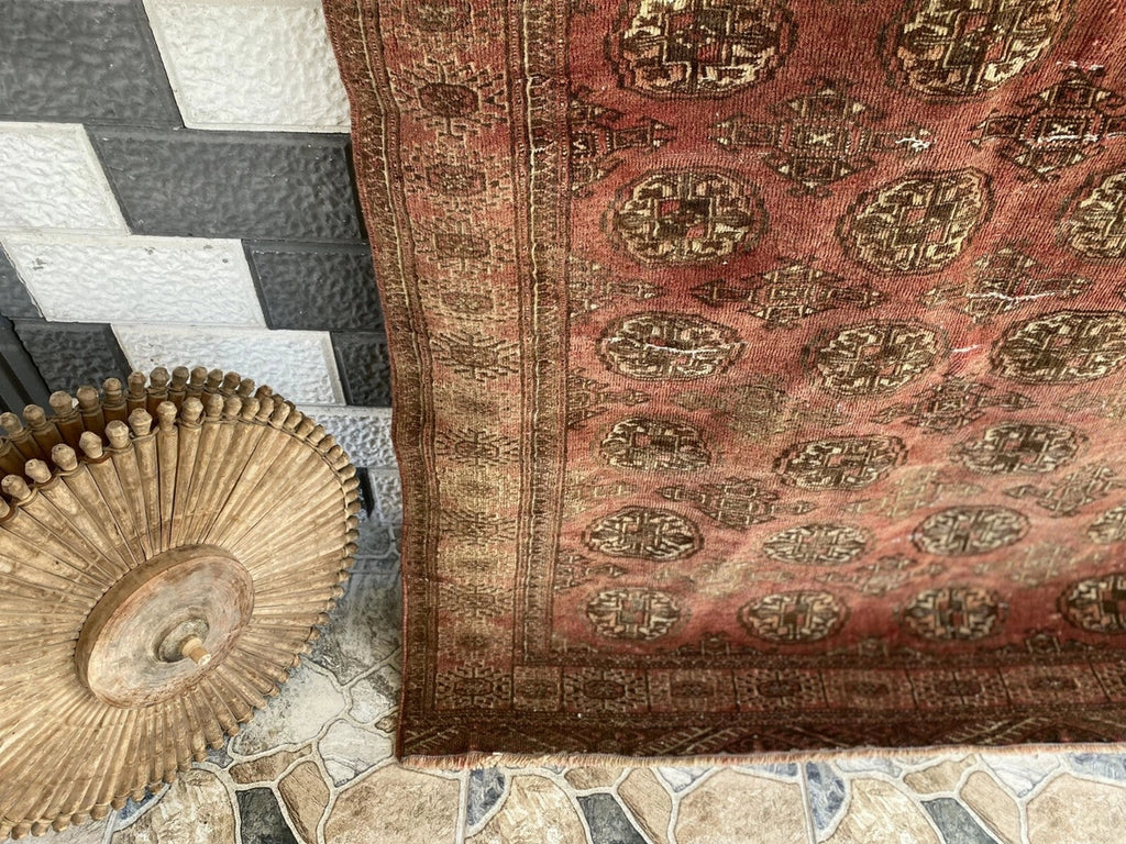 Vintage Hand-Knotted Turkoman Bukhara Farmhouse Wool Rug 4x7