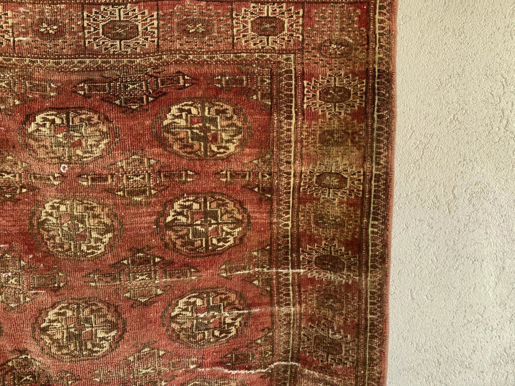 Vintage Hand-Knotted Turkoman Bukhara Farmhouse Wool Rug 4x7