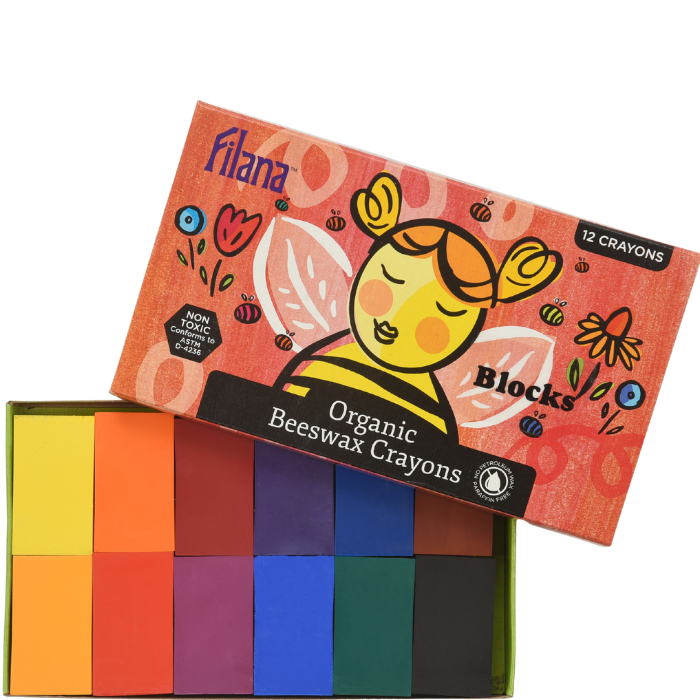 Filana Organic Beeswax Block Crayons | 12 Classic Colors | Made with 20%+ Certified Organic Beeswax